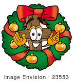 #23553 Clip Art Graphic Of A Wooden Cross Cartoon Character In The Center Of A Christmas Wreath