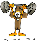 #23554 Clip Art Graphic Of A Wooden Cross Cartoon Character Holding A Heavy Barbell Above His Head