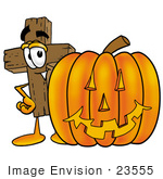 #23555 Clip Art Graphic Of A Wooden Cross Cartoon Character With A Carved Halloween Pumpkin