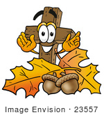 #23557 Clip Art Graphic Of A Wooden Cross Cartoon Character With Autumn Leaves And Acorns In The Fall
