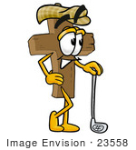 #23558 Clip Art Graphic Of A Wooden Cross Cartoon Character Leaning On A Golf Club While Golfing