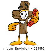 #23559 Clip Art Graphic Of A Wooden Cross Cartoon Character Holding A Telephone