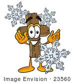 #23560 Clip Art Graphic Of A Wooden Cross Cartoon Character With Three Snowflakes In Winter