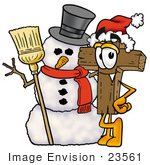 #23561 Clip Art Graphic Of A Wooden Cross Cartoon Character With A Snowman On Christmas