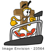 #23564 Clip Art Graphic Of A Wooden Cross Cartoon Character Walking On A Treadmill In A Fitness Gym