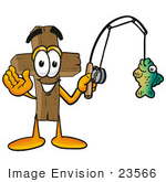 #23566 Clip Art Graphic Of A Wooden Cross Cartoon Character Holding A Fish On A Fishing Pole