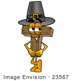 #23567 Clip Art Graphic Of A Wooden Cross Cartoon Character Wearing A Pilgrim Hat On Thanksgiving