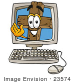 #23574 Clip Art Graphic Of A Wooden Cross Cartoon Character Waving From Inside A Computer Screen