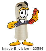 #23586 Clip Art Graphic Of A Rolled Diploma Certificate Cartoon Character Holding A Telephone