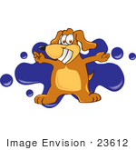 #23612 Clip Art Graphic Of A Cute Brown Dog Cartoon Character Logo With Blue Paint Splatters
