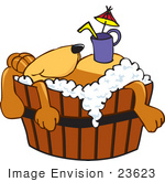 #23623 Clip Art Graphic Of A Cute Brown Hound Dog Cartoon Character Taking A Leisurely Bubble Bath And Drinking A Beverage