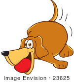 #23625 Clip Art Graphic Of A Cute Brown Hound Dog Cartoon Character With A Ball In His Mouth