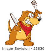 #23630 Clip Art Graphic Of A Hungry Brown Hound Dog Cartoon Character Holding A Knife And Fork