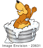 #23631 Clip Art Graphic Of A Cute Brown Hound Dog Cartoon Character Soaping Up His Armpits While Taking A Bubble Bath In A Tub