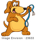 #23633 Clip Art Graphic Of A Cute Brown Hound Dog Cartoon Character Holding Up A Blue Leash And Waiting For A Walk