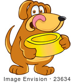 #23634 Clip Art Graphic Of A Hungry Brown Hound Dog Cartoon Character Licking His Chops And Holding A Yellow Food Bowl