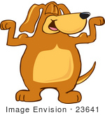 #23641 Clip Art Graphic Of A Cute Brown Hound Dog Cartoon Character Flexing His Muscles