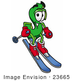 #23665 Clip Art Graphic Of A Green Usd Dollar Sign Cartoon Character Skiing Downhill