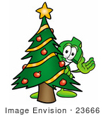 #23666 Clip Art Graphic Of A Green Usd Dollar Sign Cartoon Character Waving And Standing By A Decorated Christmas Tree