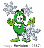#23671 Clip Art Graphic Of A Green Usd Dollar Sign Cartoon Character With Three Snowflakes In Winter