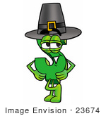 #23674 Clip Art Graphic Of A Green Usd Dollar Sign Cartoon Character Wearing A Pilgrim Hat On Thanksgiving