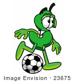 #23675 Clip Art Graphic Of A Green Usd Dollar Sign Cartoon Character Kicking A Soccer Ball