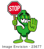 #23677 Clip Art Graphic Of A Green Usd Dollar Sign Cartoon Character Holding A Stop Sign