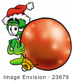 #23679 Clip Art Graphic Of A Green Usd Dollar Sign Cartoon Character Wearing A Santa Hat Standing With A Christmas Bauble