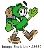 #23685 Clip Art Graphic Of A Green Usd Dollar Sign Cartoon Character Hiking And Carrying A Backpack