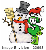 #23693 Clip Art Graphic Of A Green Usd Dollar Sign Cartoon Character With A Snowman On Christmas
