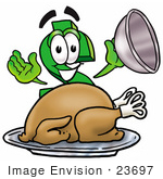 #23697 Clip Art Graphic Of A Green Usd Dollar Sign Cartoon Character Serving A Thanksgiving Turkey On A Platter