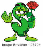 #23704 Clip Art Graphic Of A Green Usd Dollar Sign Cartoon Character Holding A Red Rose On Valentines Day