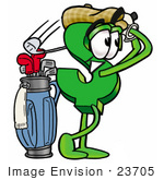 #23705 Clip Art Graphic Of A Green Usd Dollar Sign Cartoon Character Swinging His Golf Club While Golfing