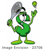 #23706 Clip Art Graphic Of A Green Usd Dollar Sign Cartoon Character Preparing To Hit A Tennis Ball