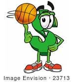 #23713 Clip Art Graphic Of A Green Usd Dollar Sign Cartoon Character Spinning A Basketball On His Finger