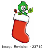 #23715 Clip Art Graphic Of A Green Usd Dollar Sign Cartoon Character Inside A Red Christmas Stocking