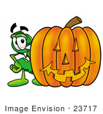 #23717 Clip Art Graphic Of A Green Usd Dollar Sign Cartoon Character With A Carved Halloween Pumpkin
