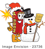 #23736 Clip Art Graphic Of A Stick Of Red Dynamite Cartoon Character With A Snowman On Christmas