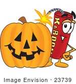 #23739 Clip Art Graphic Of A Stick Of Red Dynamite Cartoon Character With A Carved Halloween Pumpkin