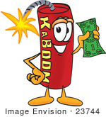 #23744 Clip Art Graphic Of A Stick Of Red Dynamite Cartoon Character Holding A Dollar Bill