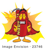 #23746 Clip Art Graphic Of A Stick Of Red Dynamite Cartoon Character Dressed As A Super Hero