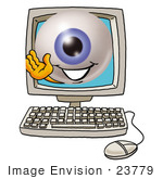 #23779 Clip Art Graphic Of A Blue Eyeball Cartoon Character Waving From Inside A Computer Screen