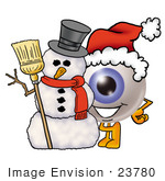 #23780 Clip Art Graphic Of A Blue Eyeball Cartoon Character With A Snowman On Christmas