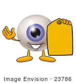 #23786 Clip Art Graphic Of A Blue Eyeball Cartoon Character Holding A Yellow Sales Price Tag