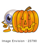 #23790 Clip Art Graphic Of A Blue Eyeball Cartoon Character With A Carved Halloween Pumpkin
