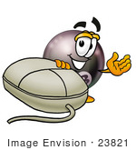 #23821 Clip Art Graphic Of A Billiards Eight Ball Cartoon Character With A Computer Mouse
