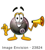 #23824 Clip Art Graphic Of A Billiards Eight Ball Cartoon Character Holding A Megaphone