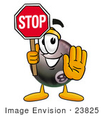 #23825 Clip Art Graphic Of A Billiards Eight Ball Cartoon Character Holding A Stop Sign