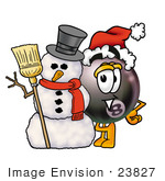 #23827 Clip Art Graphic Of A Billiards Eight Ball Cartoon Character With A Snowman On Christmas