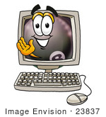 #23837 Clip Art Graphic Of A Billiards Eight Ball Cartoon Character Waving From Inside A Computer Screen